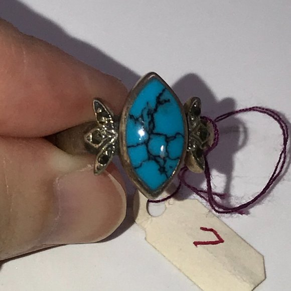Marquis Turquoise and Sterling Silver Ring, Size 7 - Picture 5 of 8